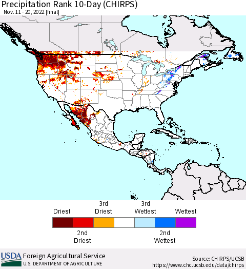 North America Precipitation Rank since 1981, 10-Day (CHIRPS) Thematic Map For 11/11/2022 - 11/20/2022