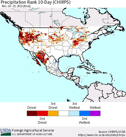 North America Precipitation Rank since 1981, 10-Day (CHIRPS) Thematic Map For 11/16/2022 - 11/25/2022