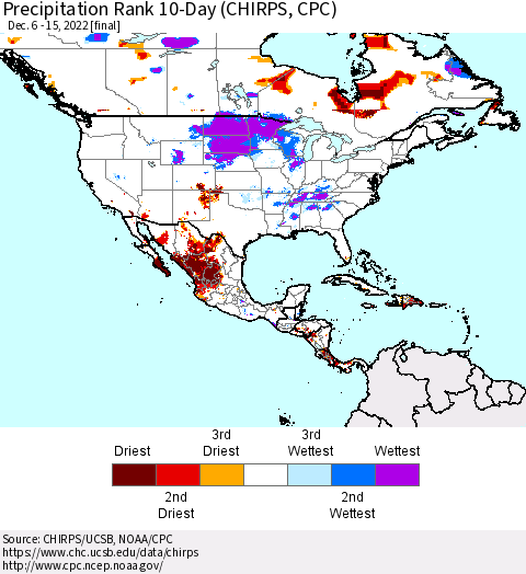 North America Precipitation Rank since 1981, 10-Day (CHIRPS) Thematic Map For 12/6/2022 - 12/15/2022