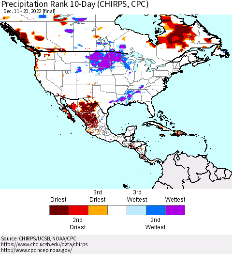 North America Precipitation Rank since 1981, 10-Day (CHIRPS) Thematic Map For 12/11/2022 - 12/20/2022