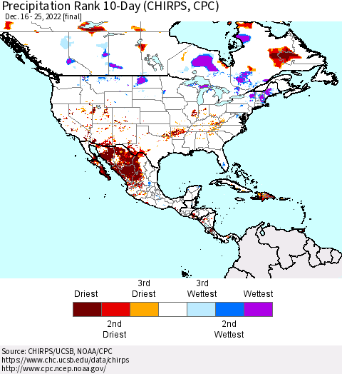 North America Precipitation Rank since 1981, 10-Day (CHIRPS) Thematic Map For 12/16/2022 - 12/25/2022
