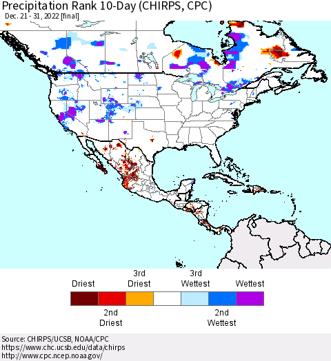 North America Precipitation Rank since 1981, 10-Day (CHIRPS) Thematic Map For 12/21/2022 - 12/31/2022