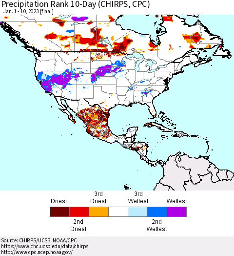 North America Precipitation Rank since 1981, 10-Day (CHIRPS) Thematic Map For 1/1/2023 - 1/10/2023
