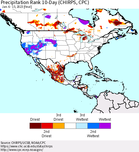 North America Precipitation Rank since 1981, 10-Day (CHIRPS) Thematic Map For 1/6/2023 - 1/15/2023
