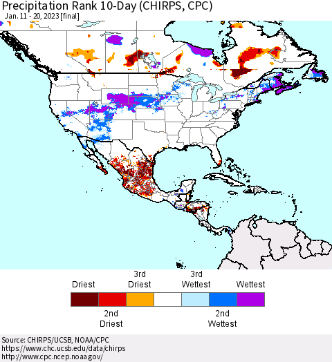 North America Precipitation Rank since 1981, 10-Day (CHIRPS) Thematic Map For 1/11/2023 - 1/20/2023