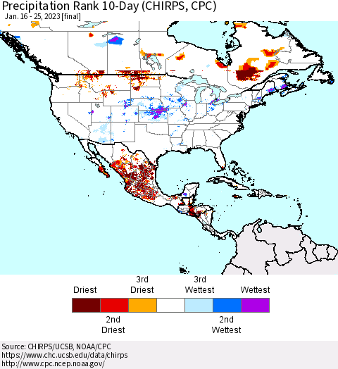 North America Precipitation Rank since 1981, 10-Day (CHIRPS) Thematic Map For 1/16/2023 - 1/25/2023