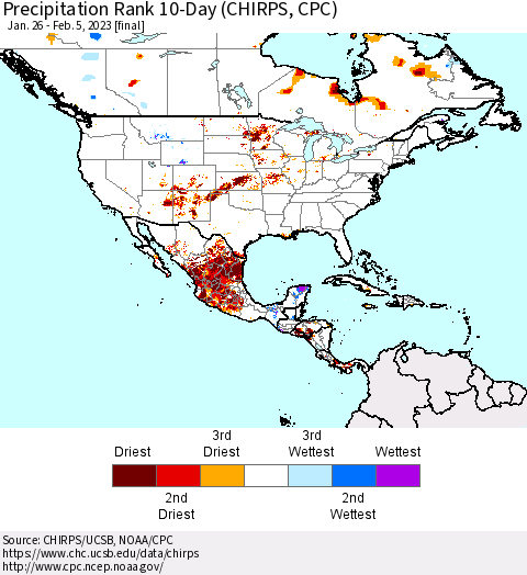 North America Precipitation Rank since 1981, 10-Day (CHIRPS) Thematic Map For 1/26/2023 - 2/5/2023