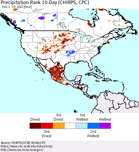 North America Precipitation Rank since 1981, 10-Day (CHIRPS) Thematic Map For 2/1/2023 - 2/10/2023