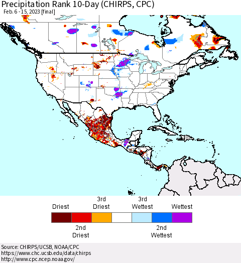 North America Precipitation Rank since 1981, 10-Day (CHIRPS) Thematic Map For 2/6/2023 - 2/15/2023