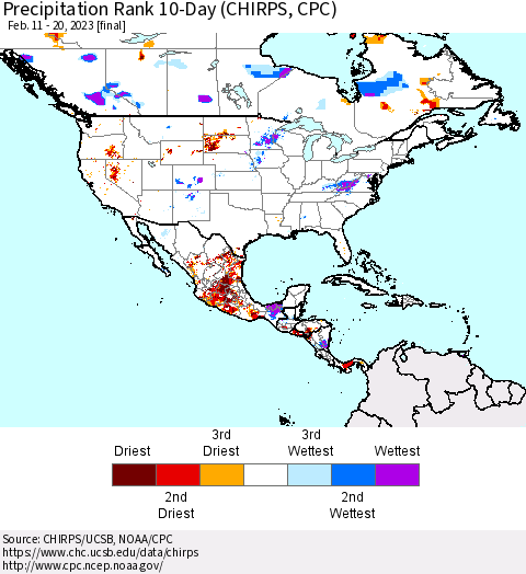 North America Precipitation Rank since 1981, 10-Day (CHIRPS) Thematic Map For 2/11/2023 - 2/20/2023
