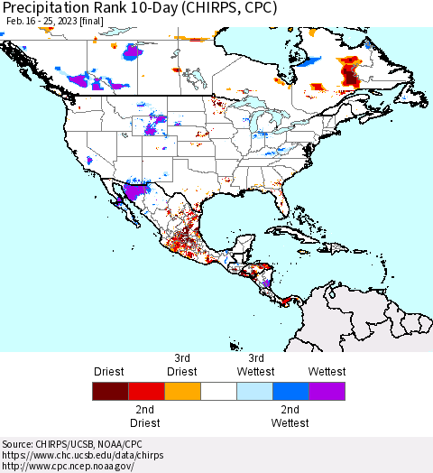 North America Precipitation Rank since 1981, 10-Day (CHIRPS) Thematic Map For 2/16/2023 - 2/25/2023