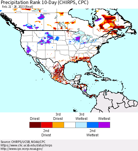 North America Precipitation Rank since 1981, 10-Day (CHIRPS) Thematic Map For 2/21/2023 - 2/28/2023