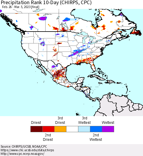 North America Precipitation Rank since 1981, 10-Day (CHIRPS) Thematic Map For 2/26/2023 - 3/5/2023