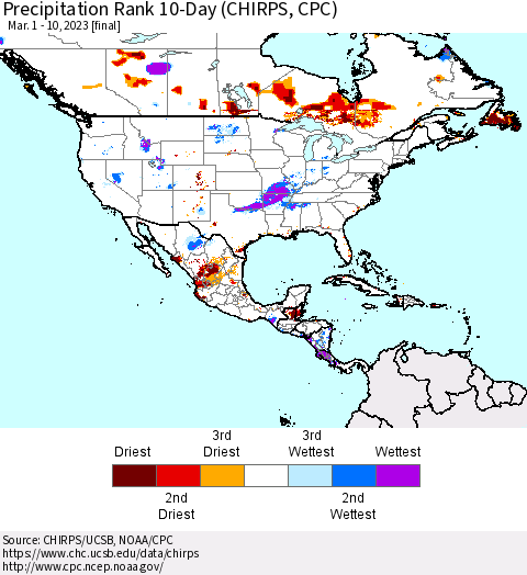 North America Precipitation Rank since 1981, 10-Day (CHIRPS) Thematic Map For 3/1/2023 - 3/10/2023