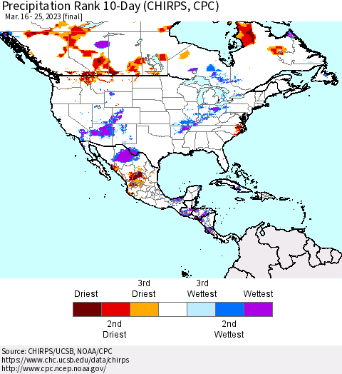 North America Precipitation Rank since 1981, 10-Day (CHIRPS) Thematic Map For 3/16/2023 - 3/25/2023