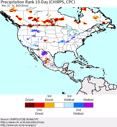 North America Precipitation Rank since 1981, 10-Day (CHIRPS) Thematic Map For 3/21/2023 - 3/31/2023