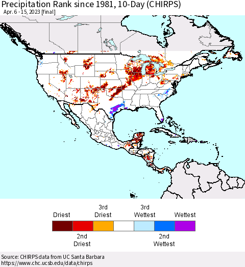 North America Precipitation Rank since 1981, 10-Day (CHIRPS) Thematic Map For 4/6/2023 - 4/15/2023