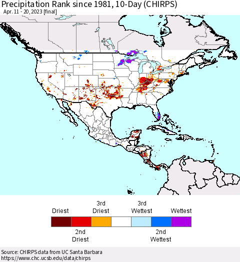 North America Precipitation Rank since 1981, 10-Day (CHIRPS) Thematic Map For 4/11/2023 - 4/20/2023