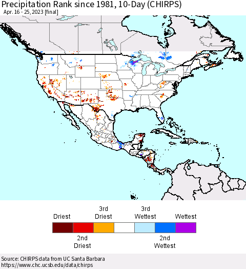 North America Precipitation Rank since 1981, 10-Day (CHIRPS) Thematic Map For 4/16/2023 - 4/25/2023