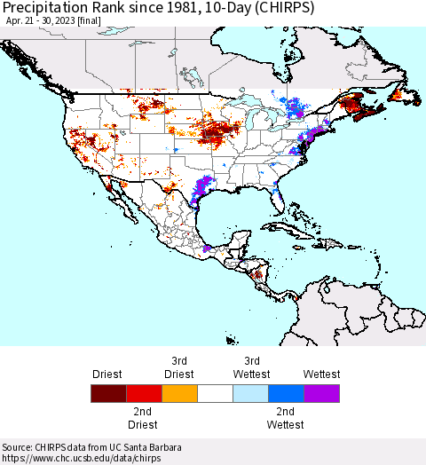 North America Precipitation Rank since 1981, 10-Day (CHIRPS) Thematic Map For 4/21/2023 - 4/30/2023