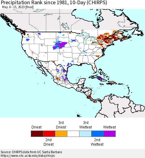 North America Precipitation Rank since 1981, 10-Day (CHIRPS) Thematic Map For 5/6/2023 - 5/15/2023
