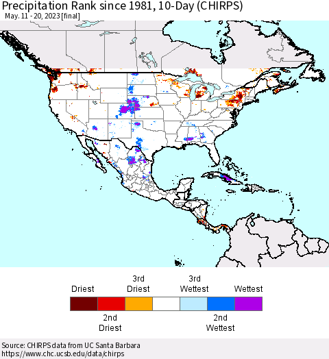 North America Precipitation Rank since 1981, 10-Day (CHIRPS) Thematic Map For 5/11/2023 - 5/20/2023