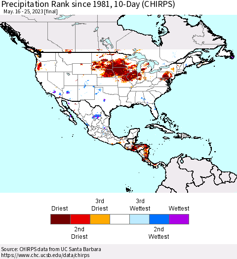 North America Precipitation Rank since 1981, 10-Day (CHIRPS) Thematic Map For 5/16/2023 - 5/25/2023
