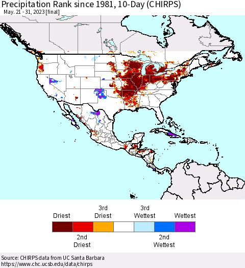 North America Precipitation Rank since 1981, 10-Day (CHIRPS) Thematic Map For 5/21/2023 - 5/31/2023