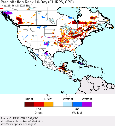 North America Precipitation Rank since 1981, 10-Day (CHIRPS) Thematic Map For 5/26/2023 - 6/5/2023