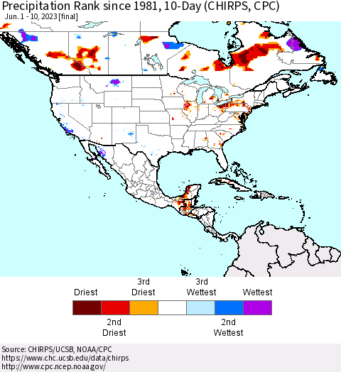 North America Precipitation Rank since 1981, 10-Day (CHIRPS) Thematic Map For 6/1/2023 - 6/10/2023