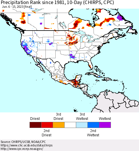 North America Precipitation Rank since 1981, 10-Day (CHIRPS) Thematic Map For 6/6/2023 - 6/15/2023
