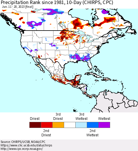 North America Precipitation Rank since 1981, 10-Day (CHIRPS) Thematic Map For 6/11/2023 - 6/20/2023