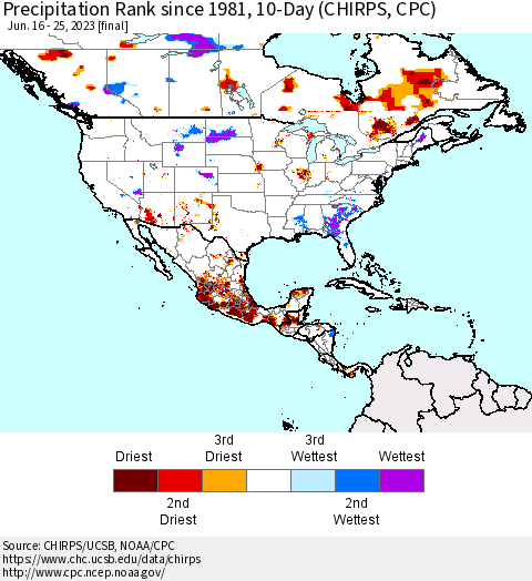 North America Precipitation Rank since 1981, 10-Day (CHIRPS) Thematic Map For 6/16/2023 - 6/25/2023