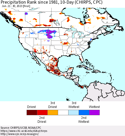 North America Precipitation Rank since 1981, 10-Day (CHIRPS) Thematic Map For 6/21/2023 - 6/30/2023