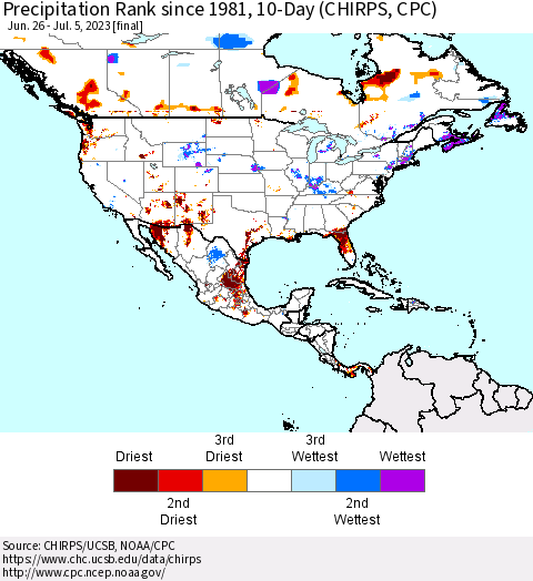 North America Precipitation Rank since 1981, 10-Day (CHIRPS) Thematic Map For 6/26/2023 - 7/5/2023
