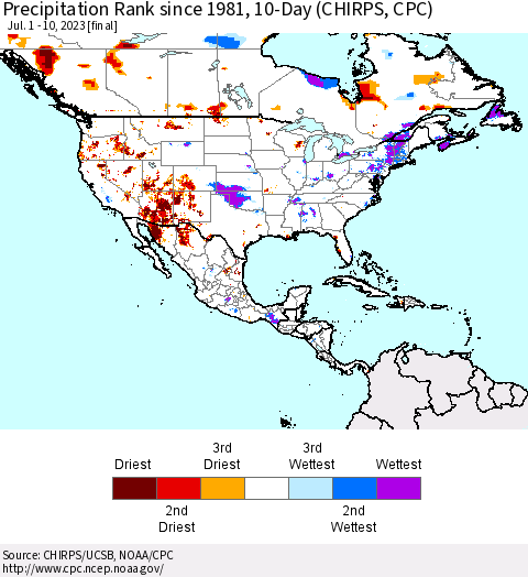 North America Precipitation Rank since 1981, 10-Day (CHIRPS) Thematic Map For 7/1/2023 - 7/10/2023