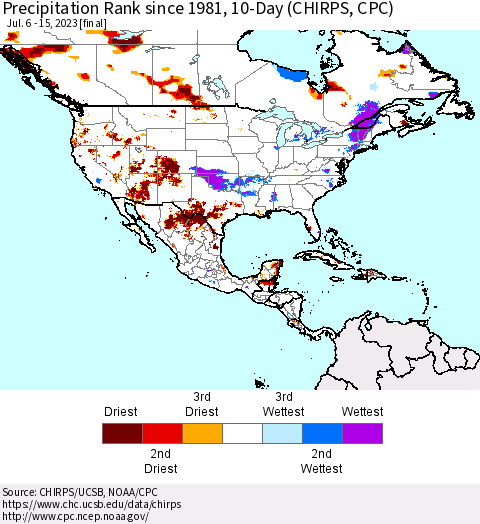 North America Precipitation Rank since 1981, 10-Day (CHIRPS) Thematic Map For 7/6/2023 - 7/15/2023