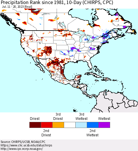 North America Precipitation Rank since 1981, 10-Day (CHIRPS) Thematic Map For 7/11/2023 - 7/20/2023