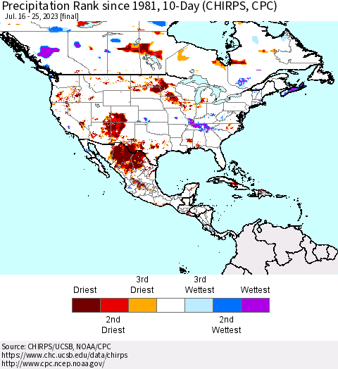 North America Precipitation Rank since 1981, 10-Day (CHIRPS) Thematic Map For 7/16/2023 - 7/25/2023