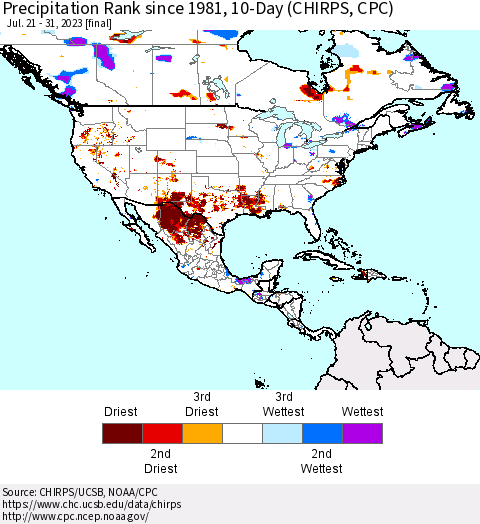 North America Precipitation Rank since 1981, 10-Day (CHIRPS) Thematic Map For 7/21/2023 - 7/31/2023