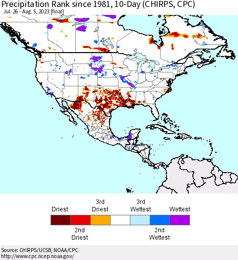 North America Precipitation Rank since 1981, 10-Day (CHIRPS) Thematic Map For 7/26/2023 - 8/5/2023