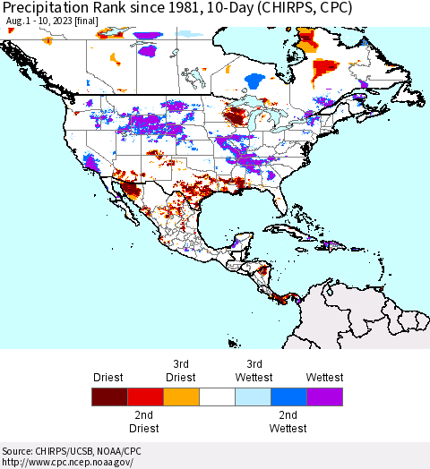 North America Precipitation Rank since 1981, 10-Day (CHIRPS) Thematic Map For 8/1/2023 - 8/10/2023