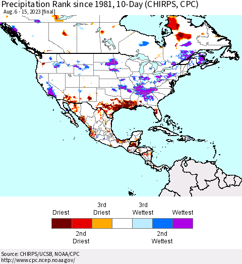 North America Precipitation Rank since 1981, 10-Day (CHIRPS) Thematic Map For 8/6/2023 - 8/15/2023