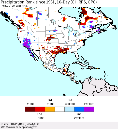 North America Precipitation Rank since 1981, 10-Day (CHIRPS) Thematic Map For 8/11/2023 - 8/20/2023