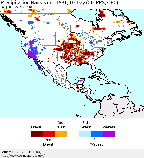 North America Precipitation Rank since 1981, 10-Day (CHIRPS) Thematic Map For 8/16/2023 - 8/25/2023