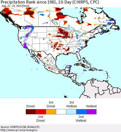 North America Precipitation Rank since 1981, 10-Day (CHIRPS) Thematic Map For 8/21/2023 - 8/31/2023