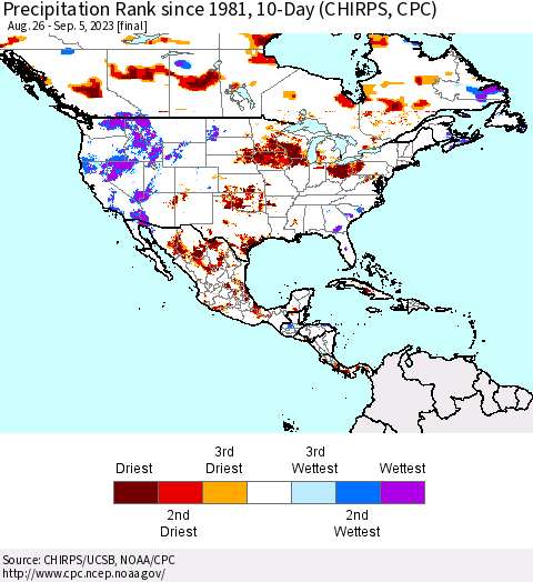 North America Precipitation Rank since 1981, 10-Day (CHIRPS) Thematic Map For 8/26/2023 - 9/5/2023