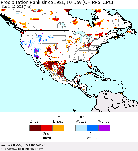 North America Precipitation Rank since 1981, 10-Day (CHIRPS) Thematic Map For 9/1/2023 - 9/10/2023