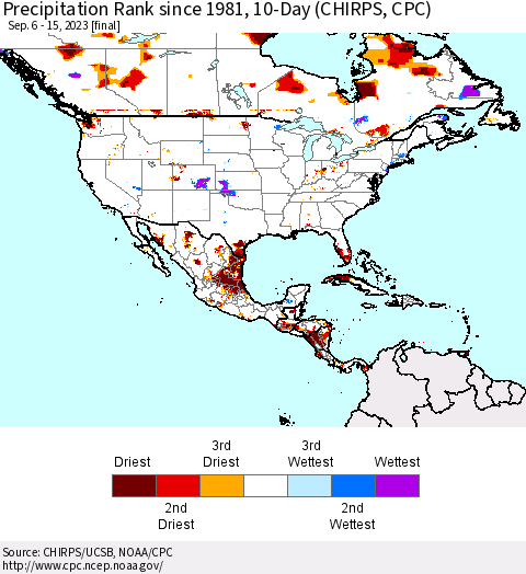North America Precipitation Rank since 1981, 10-Day (CHIRPS) Thematic Map For 9/6/2023 - 9/15/2023