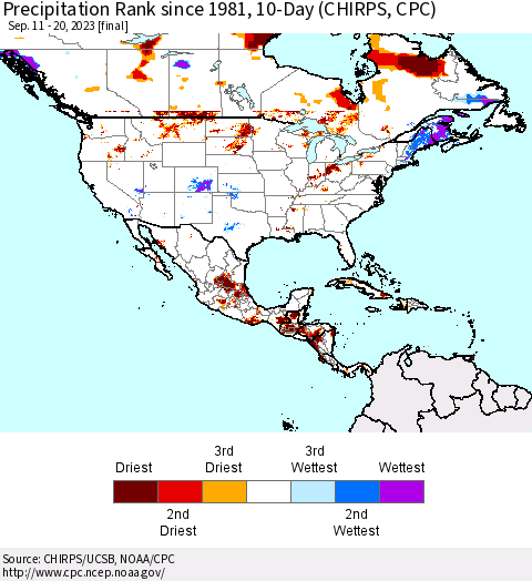 North America Precipitation Rank since 1981, 10-Day (CHIRPS) Thematic Map For 9/11/2023 - 9/20/2023